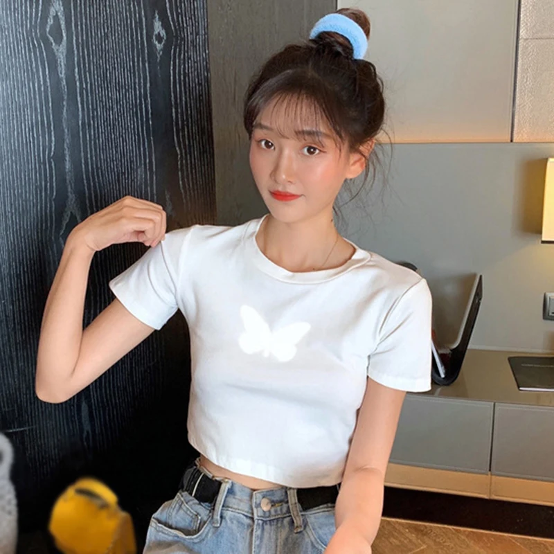 

Women'S Summer Reflective Butterfly Short-Sleeved T-Shirt Women'S New Short Black Bottoming Shirt Short Western-Style Top