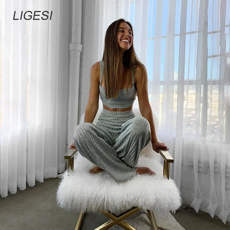 Strap Fitness Two Piece Set Backless Crop Top and Wide Leg Pants Women Knitted Tracksuit Female Outfit Summer Matching |