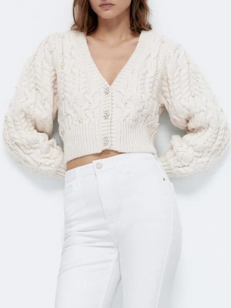 

autumn new product twist knit cardigan temperament fashion artificial pearl decoration long-sleeved V-neck short sweater