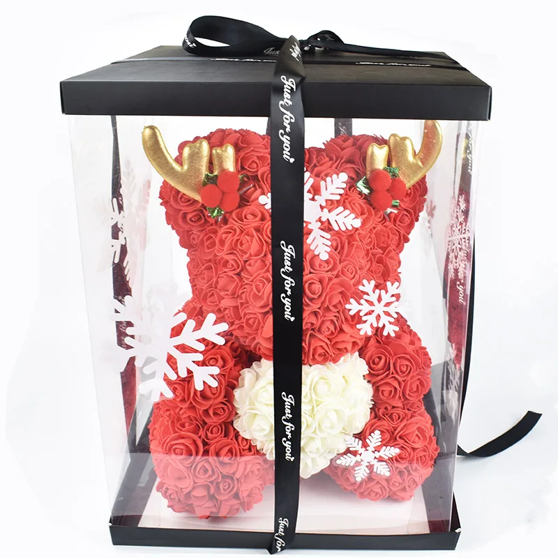 

Новый Рождественский подарок 40 см розовый медведь с шляпой оленьими рогами в подарочной коробке с бесплатной картой