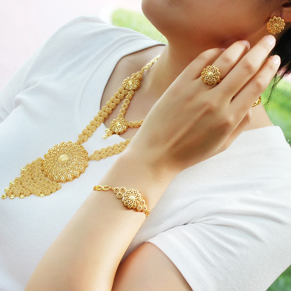 

18K Gold Plated Bridal Jewelry Sets Necklace Earrings Ring Bracelet for Women Luxury 4pcs Wedding Engagement Gold Jewelry