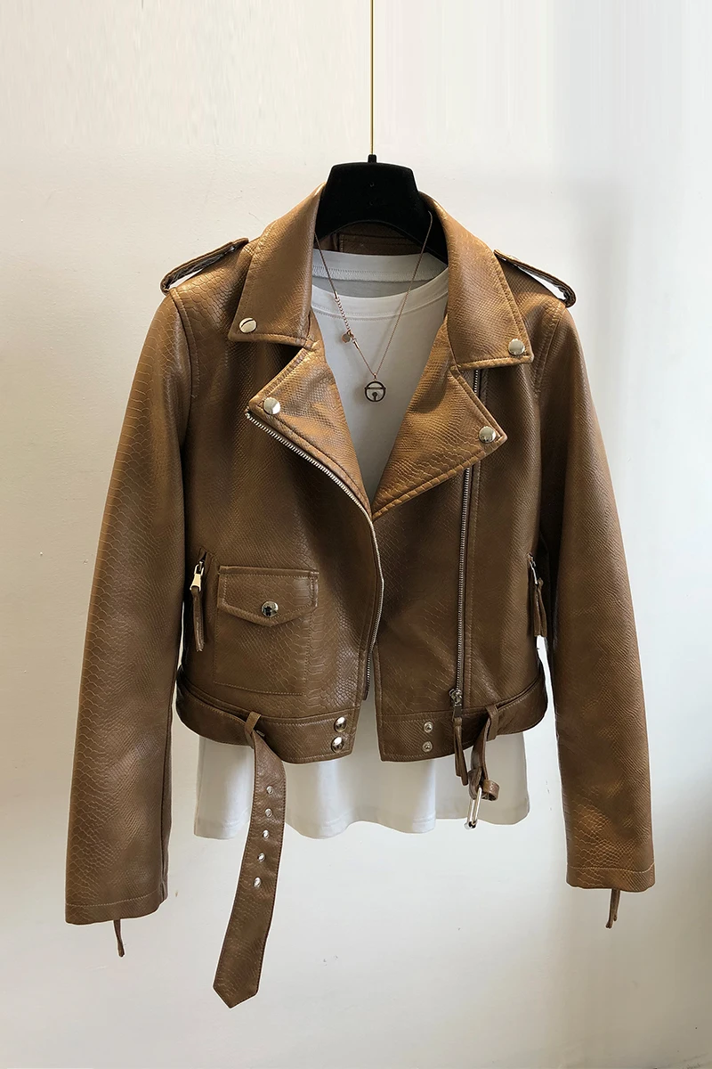 

New Women Leather Coat Spring Autumn Long Sleeved With Belt Faux Leather Jacket Female Punk Outwear Ladies Biker Moto Outwear