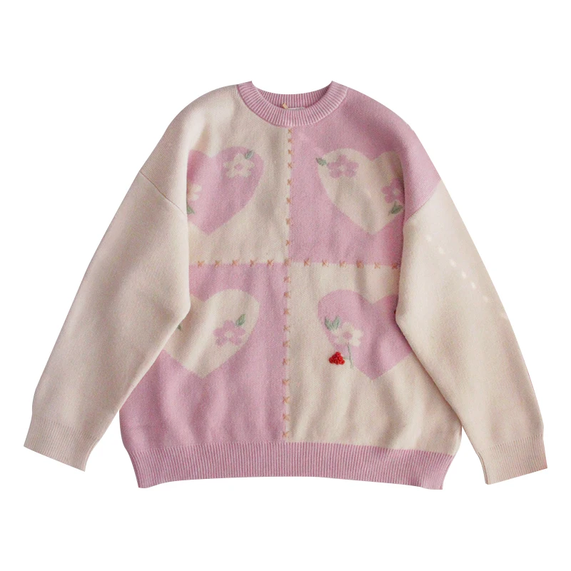 

Sweater Women Japanese Harajuku Preppy Cute Soft Sister O-Neck Pullover Girl Heart Froal Pattern Plus Thick Jumper Student Tops