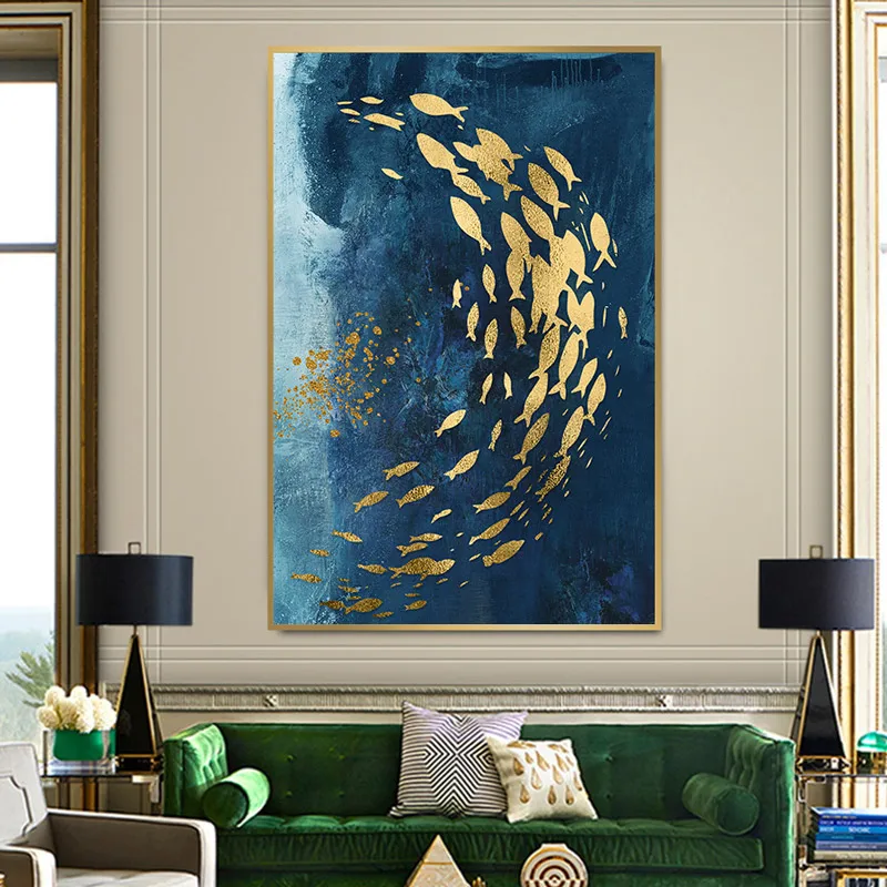 

Modern Abstract Nordic Style Wall Art Canvas Painting Golden Fish Blue Sea Poster Home Decoration Wall Painting For Living Room