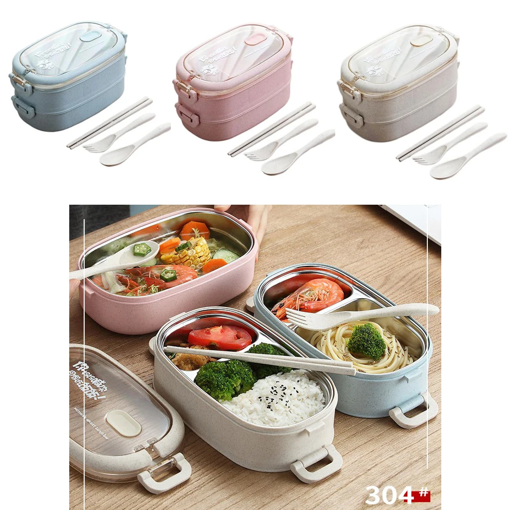 

2 Tier Lunch Storage Kids Microwave Bento Box with 304 Stainless Steel Tank