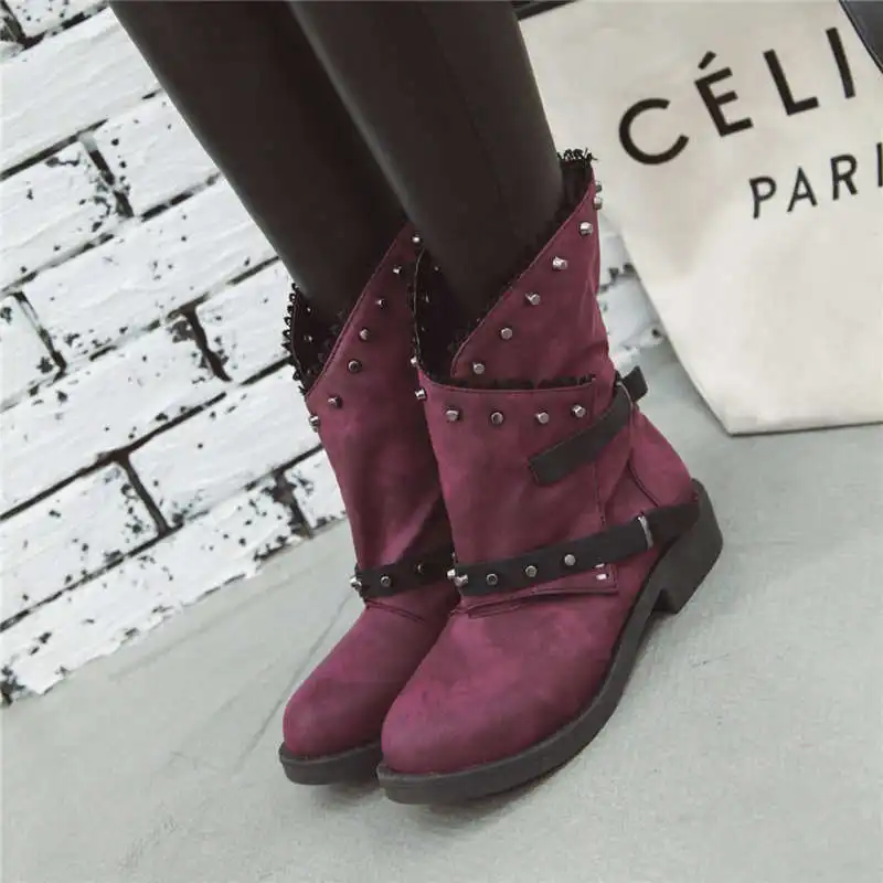 Odetina New Women Chunky Low Heel Platform Zip Buckle Strap Ankle Boots Studded Rivet Comfort Winter Round Toe Big Size 43 | Обувь