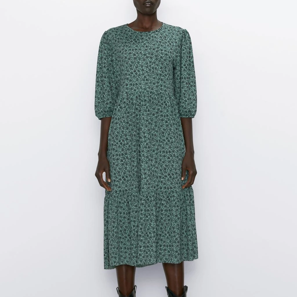 Осень 2019 новое платье миди с принтом круглый вырез три четверти Драпированное