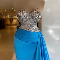 gorgeous blue mermaid evening dress with overskirt sequins top beading prom gowns pleat elegant mermaid vestido de novia