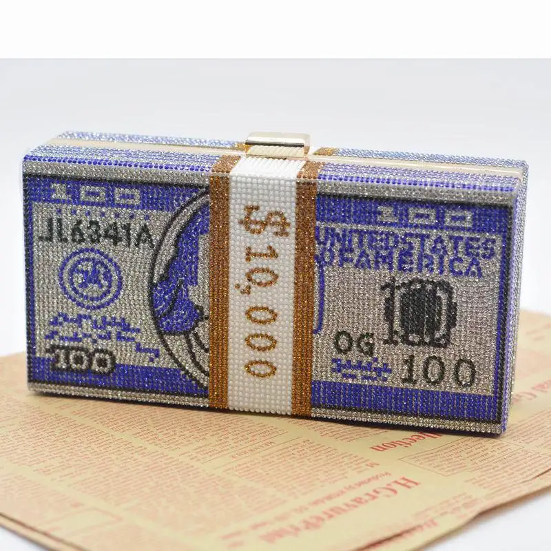 Money Clutch Rhinestone Purse 10000 Dollars Stack of Cash Evening Handbags Shoulder Wedding Dinner Bag Jewelry Bag