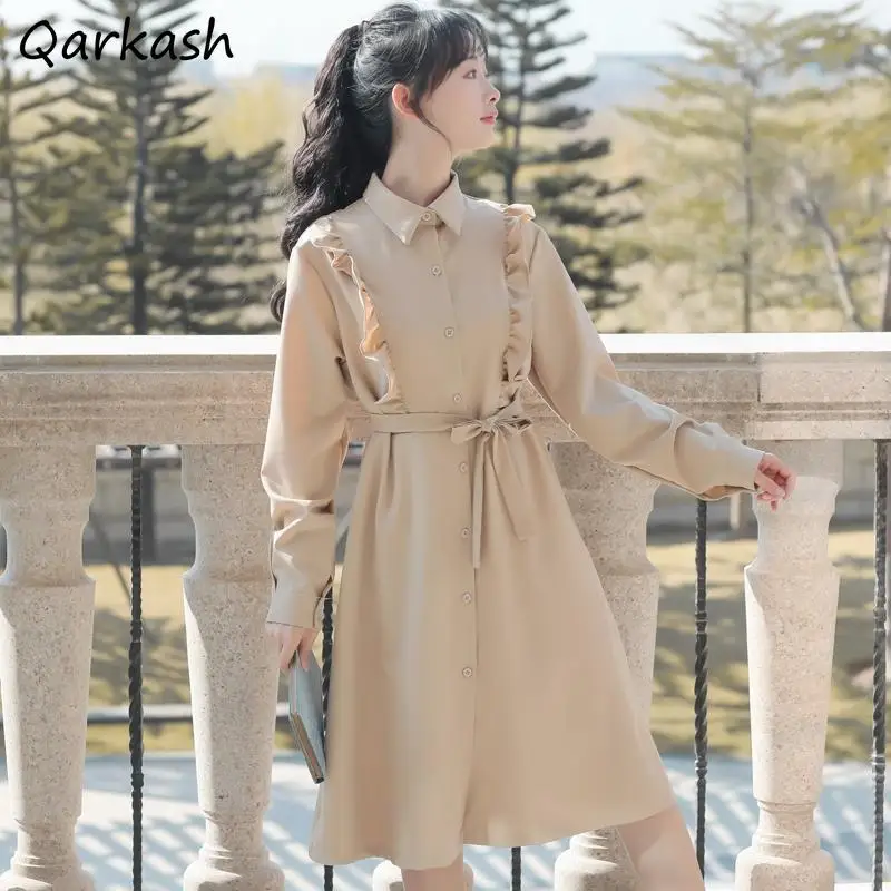 

Женское платье с длинным рукавом, универсальное праздничное платье большого размера в Корейском стиле с отложным воротником и поясом, весн...