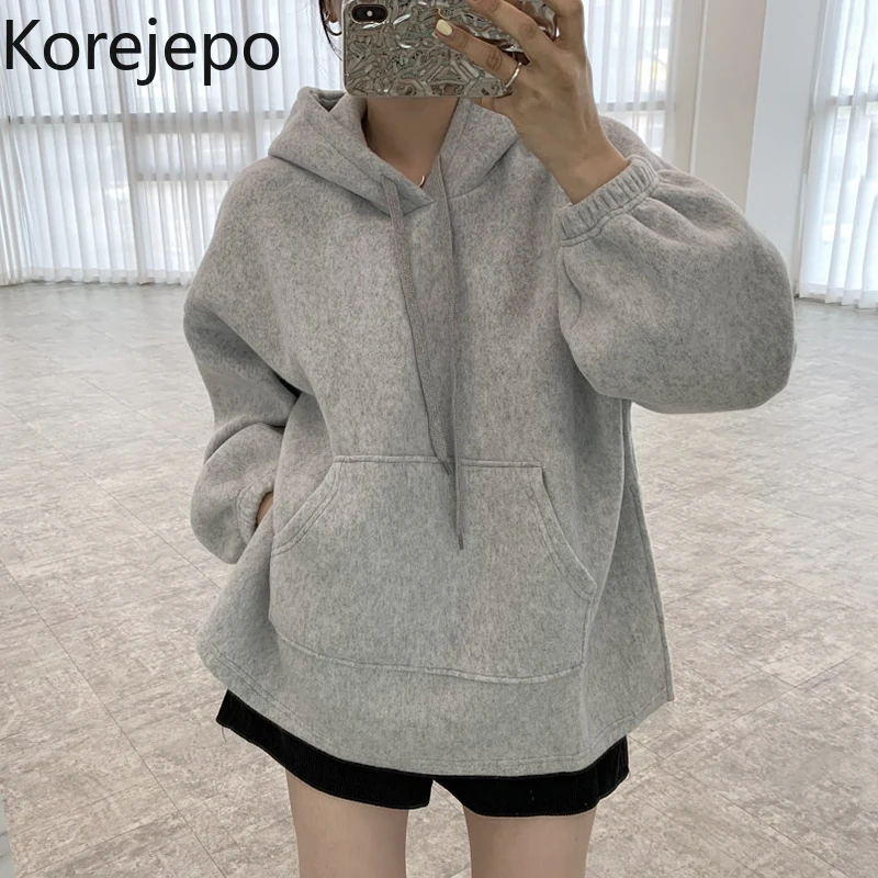 

Корейские шикарные толстовки Кореи, повседневные Универсальные женские топы с капюшоном и кулиской с двойными карманами, свободные плюшев...