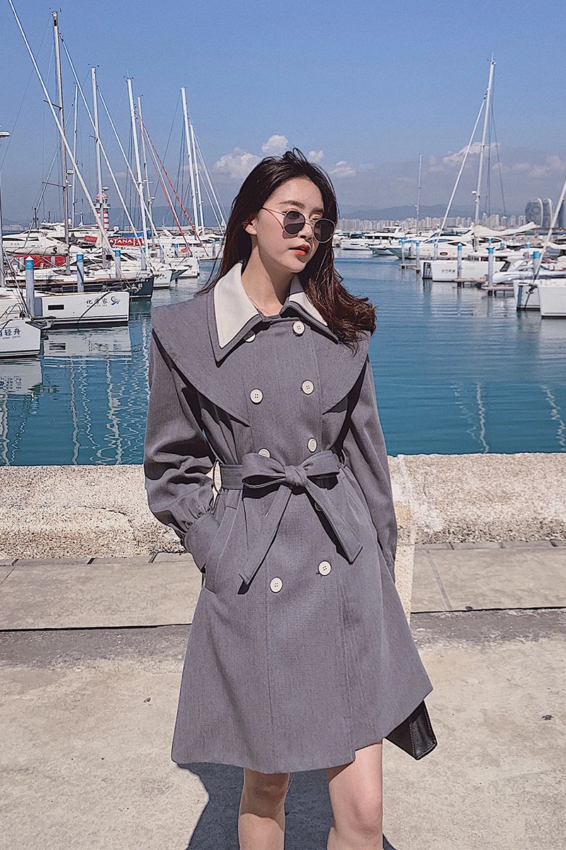 

Women Fashion Slim French Style Gray Blazer Suit Jacket Spring Autumn Office Lady Elegant Chic Mid-long Bandage Coat Outerewear