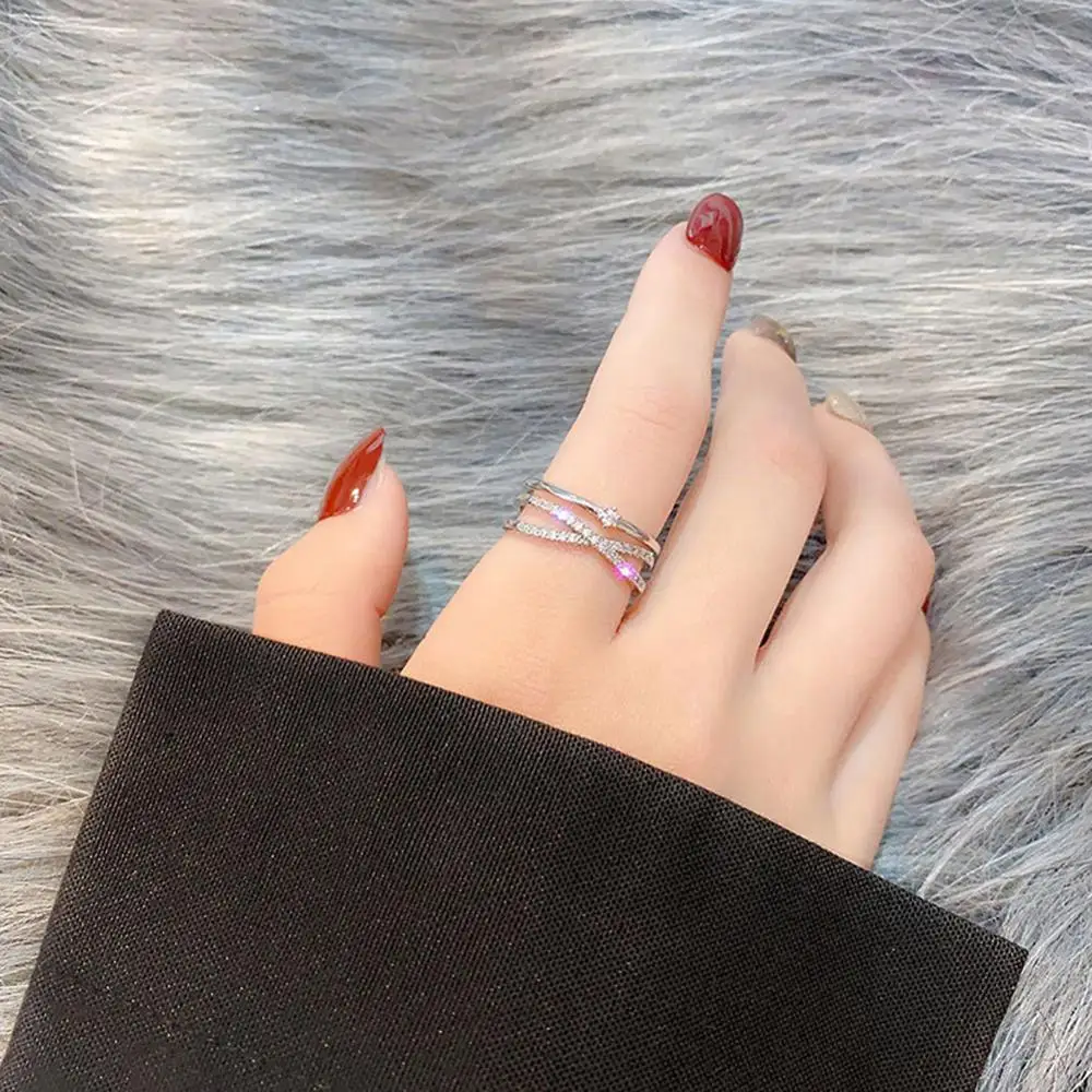 Rose Gold Color wedding rings New Rings For Women Shining Zircon Multi Layers Cross Adjustable Open Ring Jewelry | Украшения и
