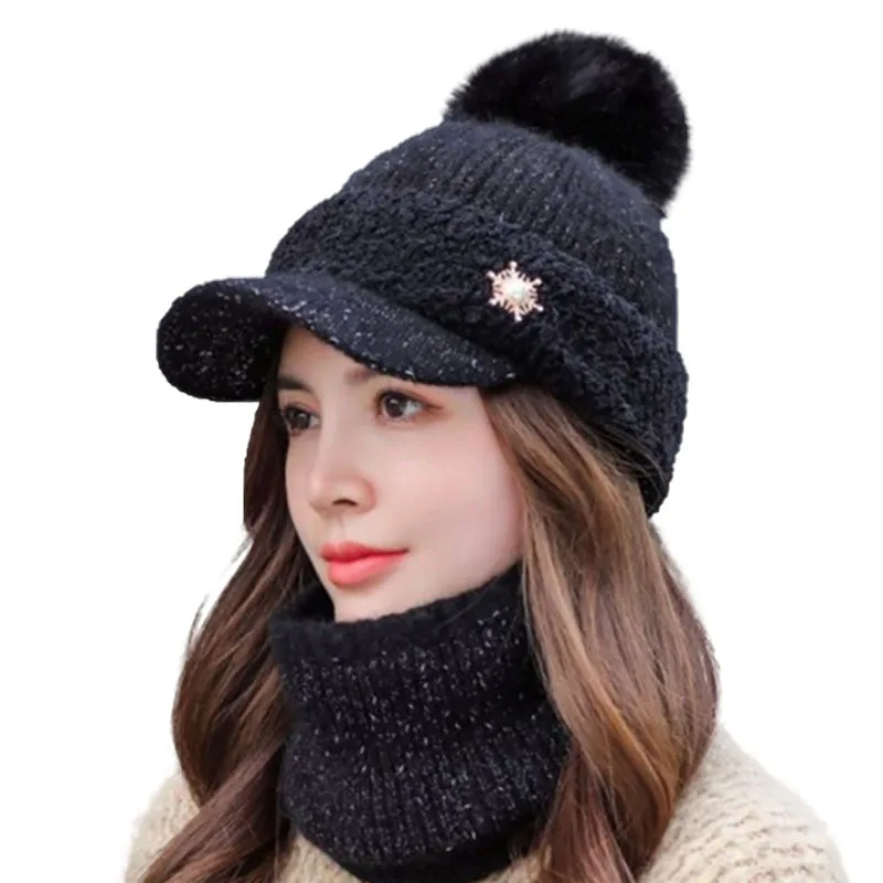 Шапка вязаная зимняя женская с большим меховым помпоном и шарфом | Аксессуары для