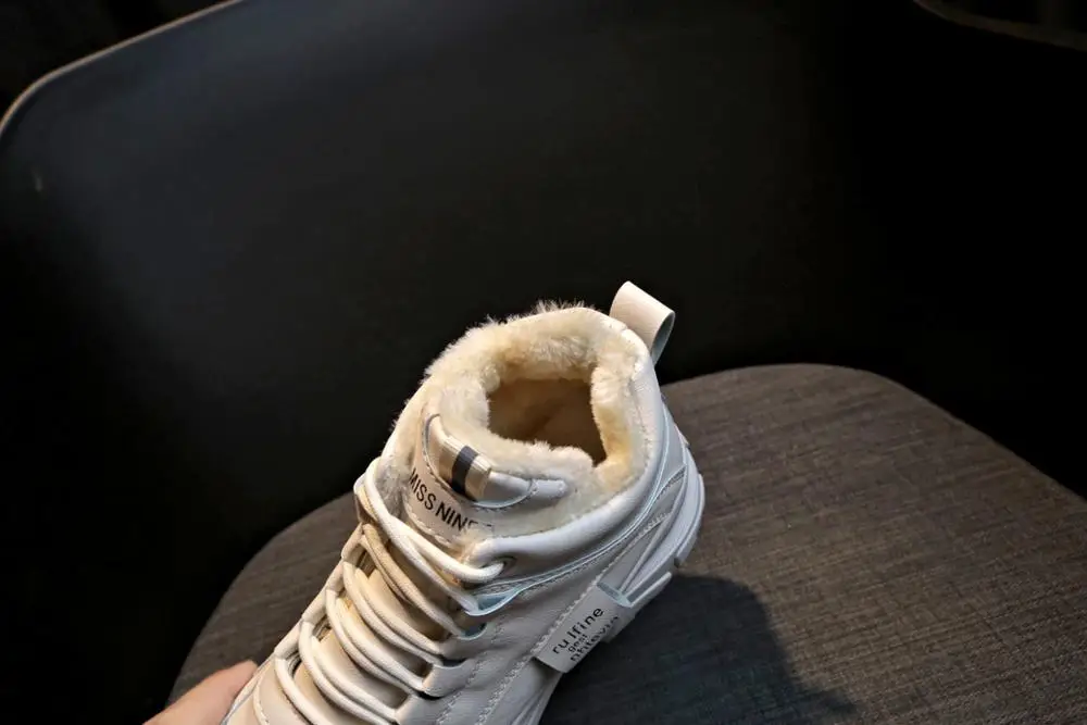 Warm Short Fur Sneakers Women 2021 Autumn Winter Fashion Shoes Woman Lace Up leather white p491 | Обувь