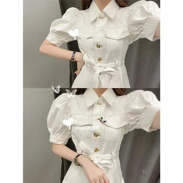 

Lapel white denim dress women's 2021 summer new niche waist show thin bubble sleeve skirt