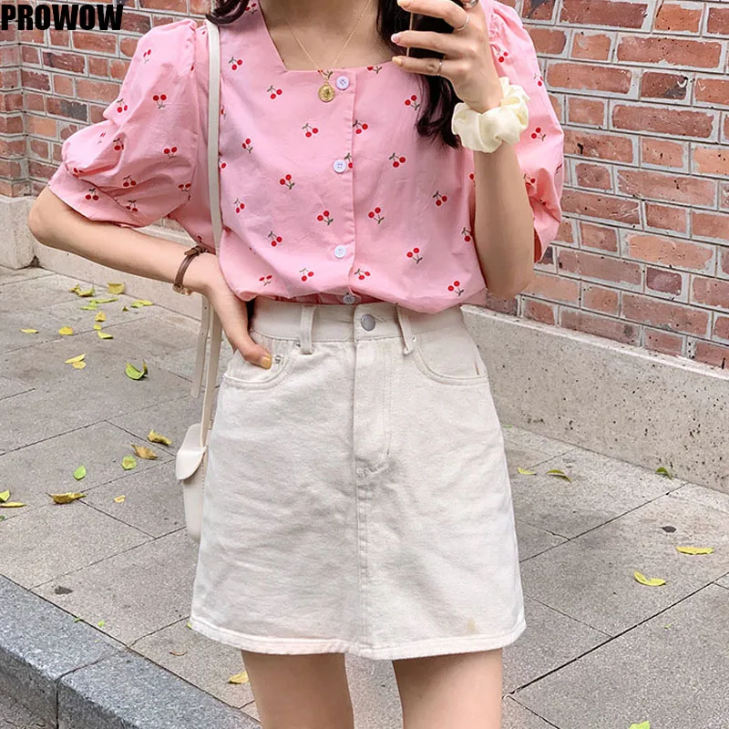 

Retro Cherry Print Puff Sleeve Shirt Top Daughter 2020 Summer Korean White Tops Shirt Woman French