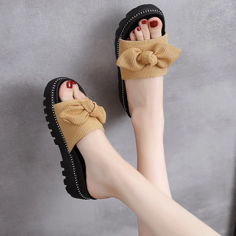 

House Slippers Platform Shoes Woman 2021 Med Luxury Slides Butterfly-Knot Pantofle Flat Designer Soft New Cotton Fabric Bonded L