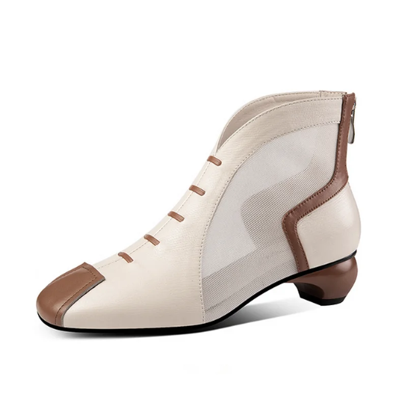 

Women's Shoes Ankle Sandals Boots 2021 Summer Square MID Heel Back Zip Soft LEATHER Female Footwear Black Beige