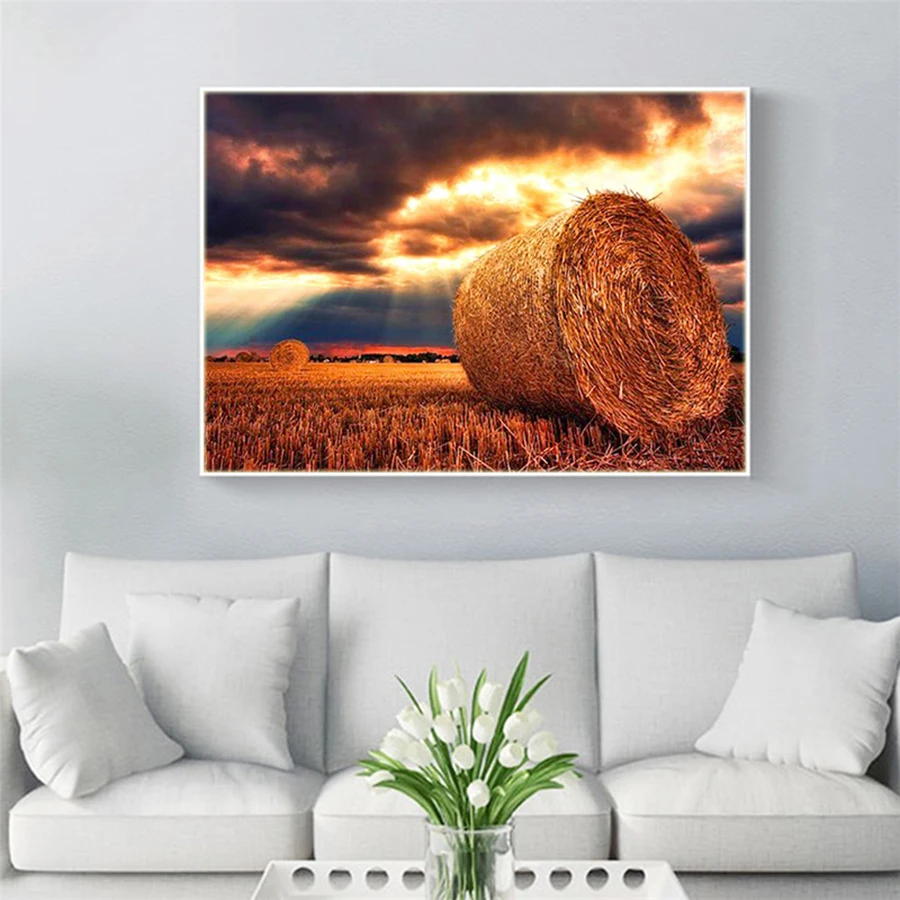 5D алмазная картина Полный Круглый закат стог сена Стразы вышивка распродажа