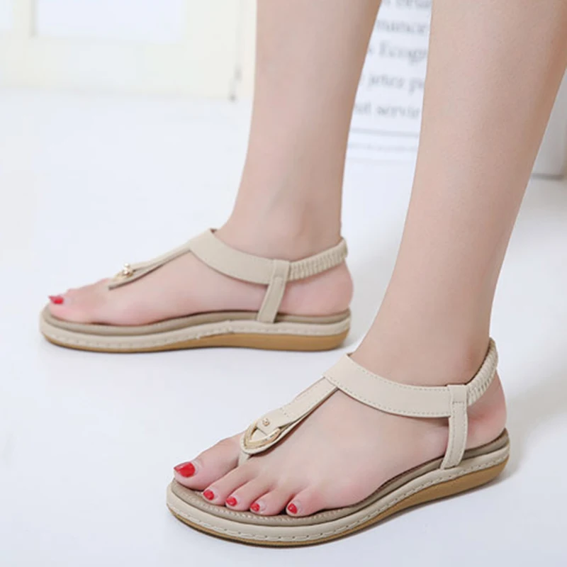 

Sweet Fashion Ladies Large Size Sandals Flat Open Toe Metal Buckle Beach Shoes Elastic Heel Strap Shoe Summer Women Cute Classic