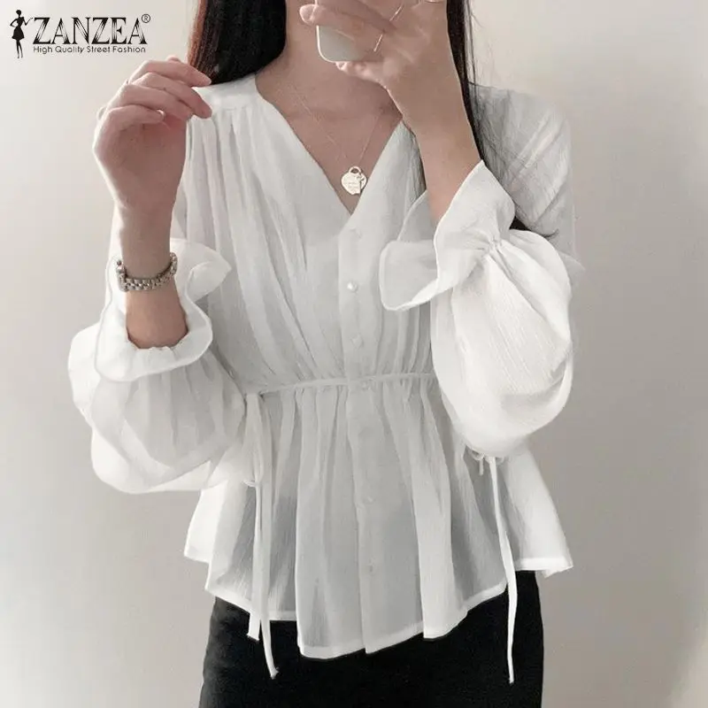 

Весенняя элегантная рубашка 2022 ZANZEA, женская блузка с V-образным вырезом и расклешенными рукавами, повседневные женские праздничные блузки, ...