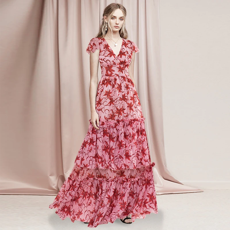 

Gedivoen Summer Elegant Fashion Maxi Dress Women V Neck Floral Print Draped Cascading Ruffle Party Floor Length Dresses