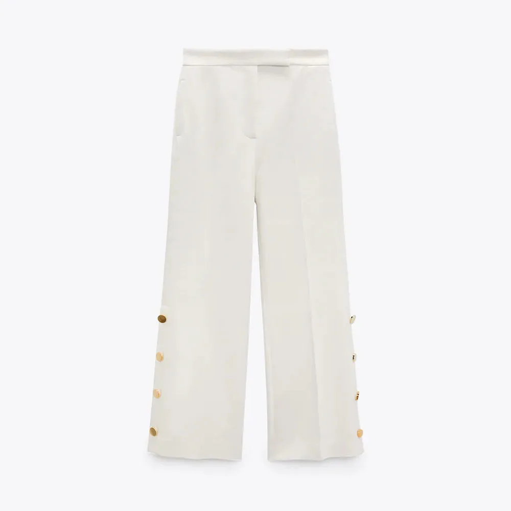 

Za Women 2021 New Chic Fashion Button Decoration Trumpet Pants Vintage High Waist Waist Side Pockets Female Trousers Mujer