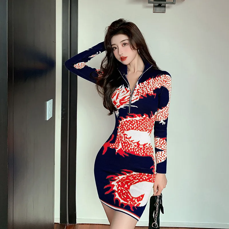 Женское трикотажное платье-свитер с высоким воротником на молнии - купить по