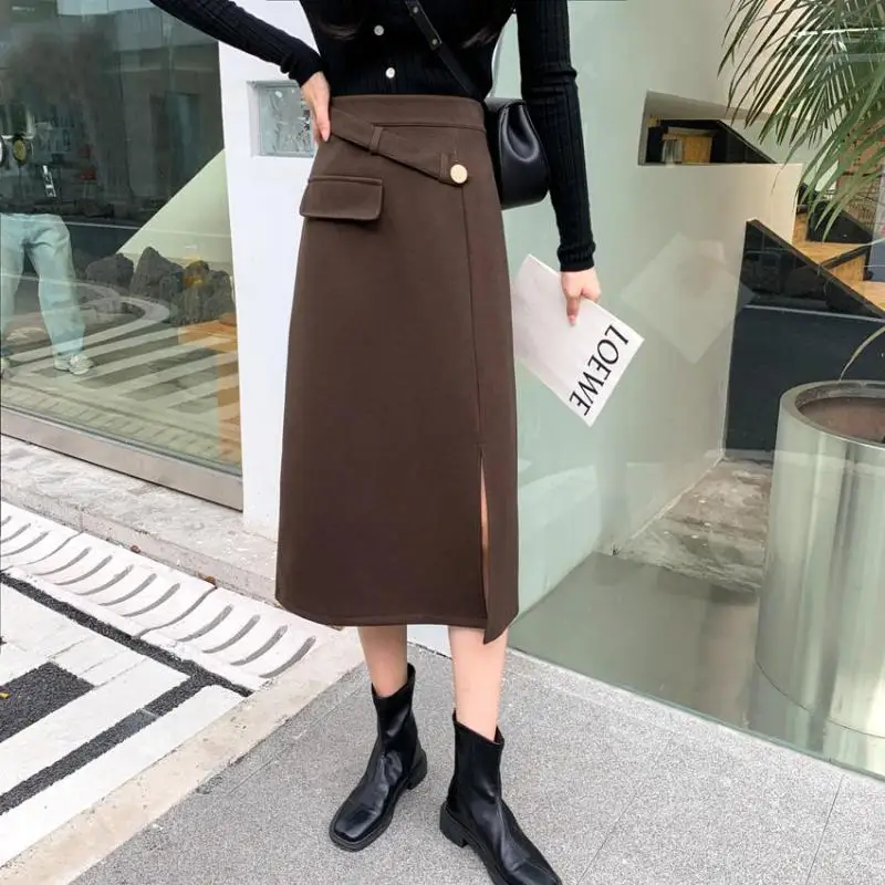 

Женская длинная юбка с высокой талией, Повседневная однотонная приталенная шерстяная трапециевидная юбка, Осень-зима 2022