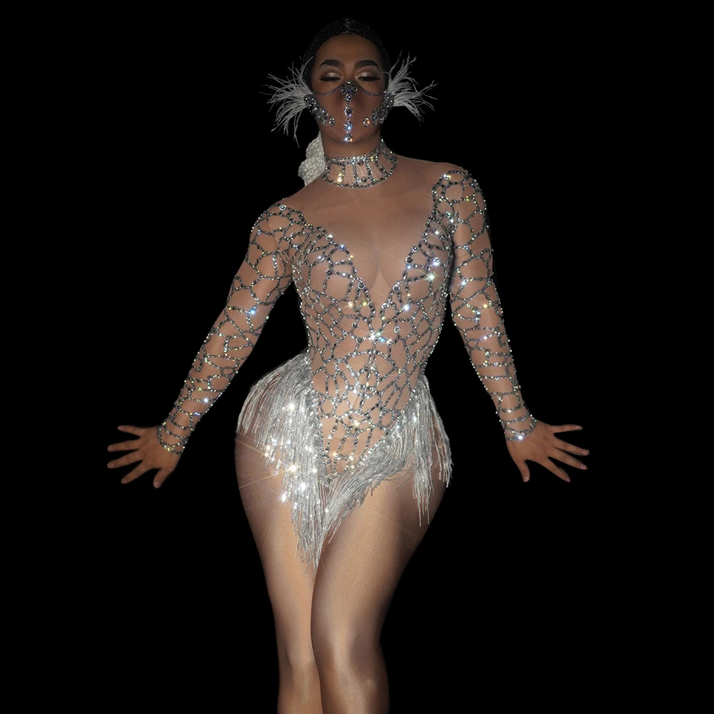 

Luxury Fashion Silver Rhinestones Fringe Mesh Bodysuit Women Singer Stage Wear Transparent Net Birthday Celebrate Outfit Dresses