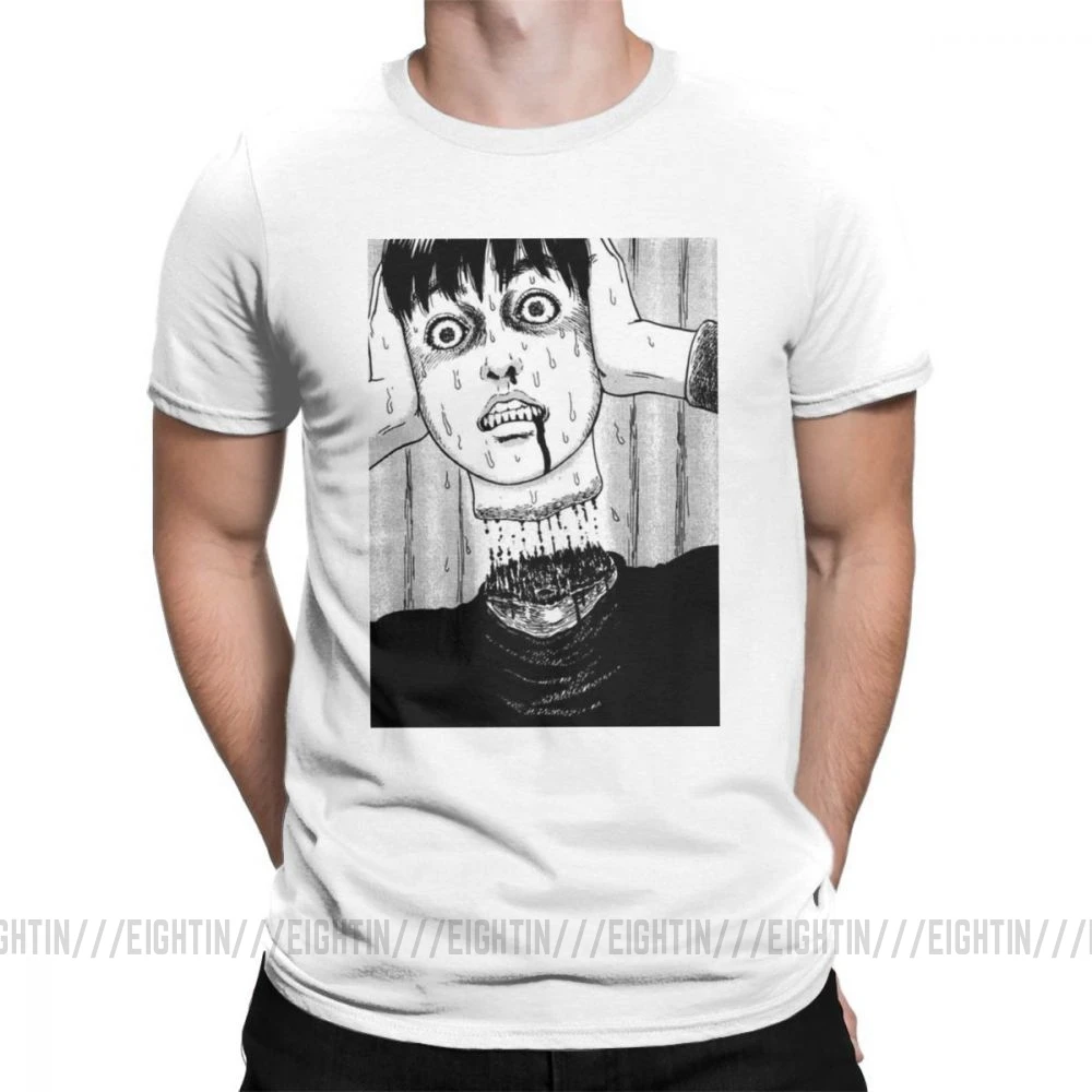 Футболка с воротником под горло HoJunji Ito для Хэллоуина; стильные мужские футболки с короткими рукавами и круглым вырезом; одежда из чистого хлопка; футболки с принтом - Цвет: Белый