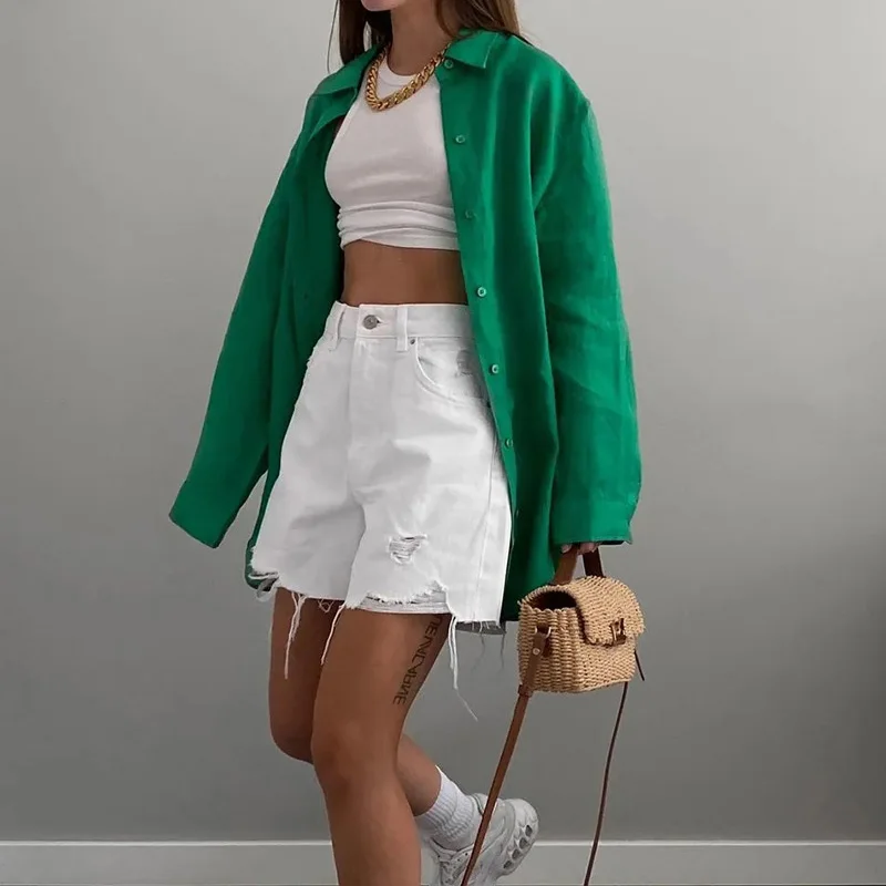 

Woman Green Loose Blouse Women's Oversize Shirt Top Collared 2022 Long Cuffed Sleeves Pleated Back Casual Chic Basic Stylish