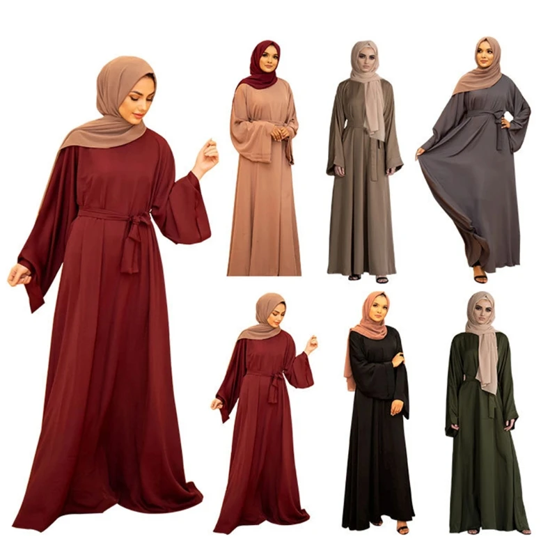 

EID Ramadan Long Sleeve Muslim Dress Abayas Lace Up O-Neck Dubai Turkey Islam Clothing Kaftan Robe Gift for Womens Girls