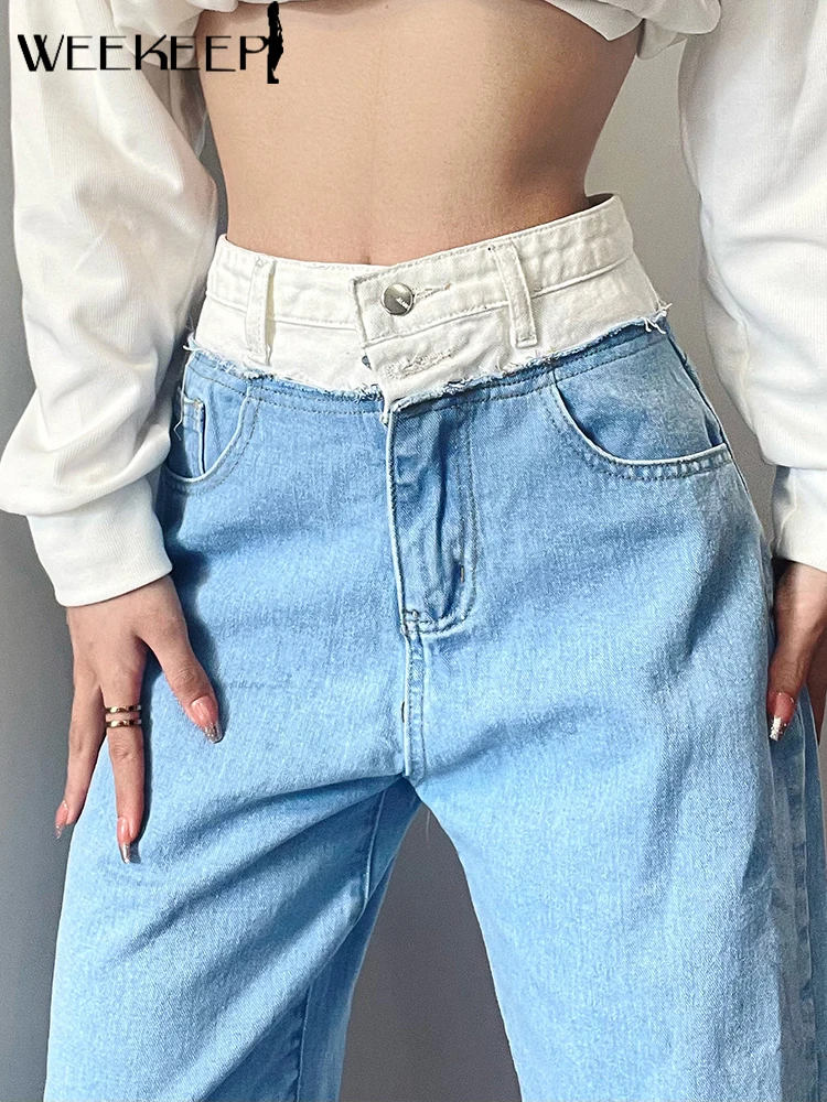 

Weekeep Chic High Waist Denim Jeans Korean Streetwear Basic Patchwork Loose Straight Capris Pants Autumn New Women Fashion Jeans