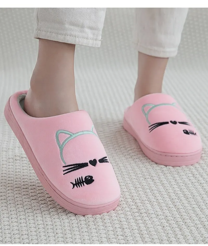 Women Winter Home Slippers Cartoon Cat Shoes Non-slip Soft Warm House Slippers Indoor Bedroom Lovers Couples Shoes