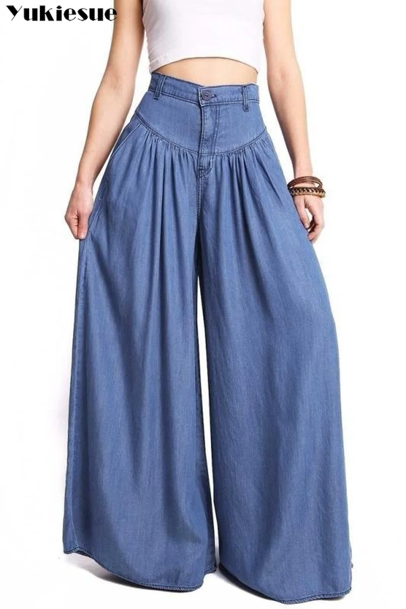 Женские длинные брюки шаровары с высокой талией Свободные плиссированные синие