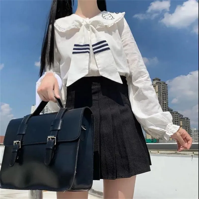 

Cute Cat Embroidery Shirt Girls Funny Summer Navy Collar Shirt Women Harajuku Tops Hip Hop Losse Korean Fashion Clothes Shirt