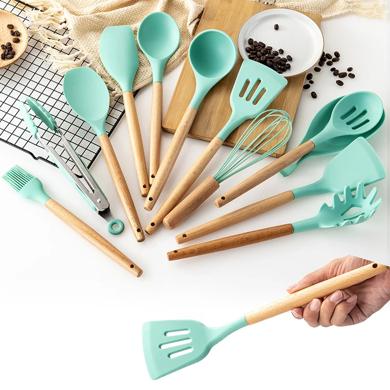 12PCS Silicone Cooking Tools Kitchen Utensils Set With Storage Box Turner Tongs Spatula with Wood Handle Nonstick Cookware | Дом и сад