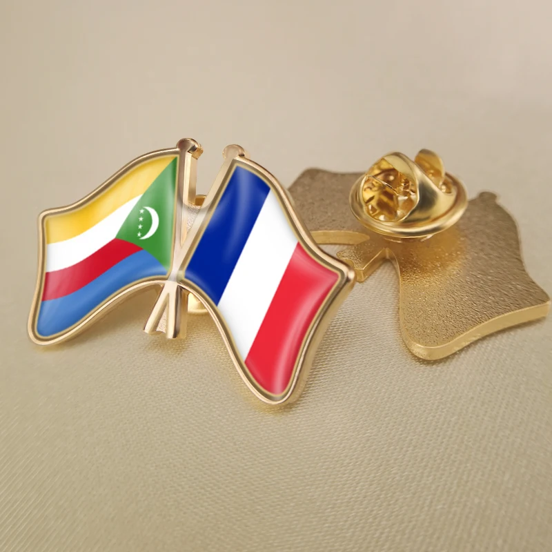 

Comoros and France Crossed Double Friendship Flags Lapel Pins Brooch Badges