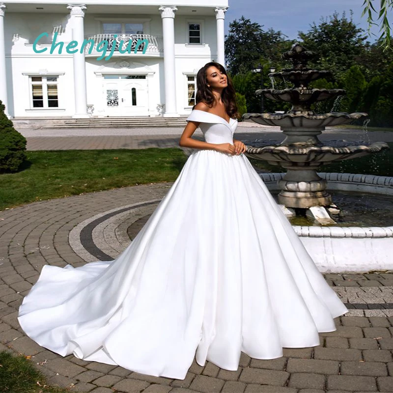 

Chengjun Sexy V Neck Off Shoulder Satin Ball Gown White Wedding Dresses
