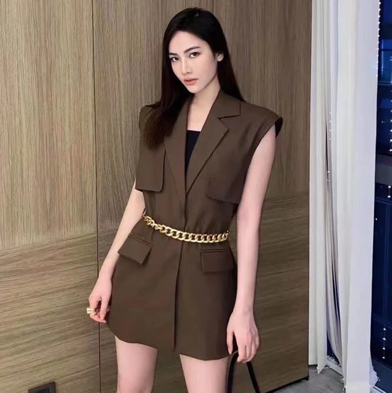 

Жилет женский из поплина, с лацканами и поясом-цепочкой, декоративный, 2021