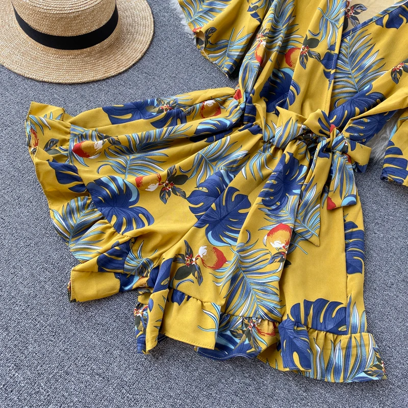 Boho 2021 v образный вырез Цветочная расцветка для офиса сексуальное с оборками и