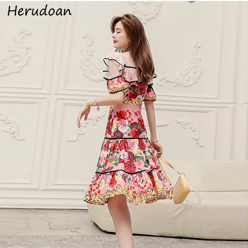 

Herudoan Fashion Runway Summer Vintage Dress Women Elegant Lace Patchwork Flare Sleeve Ruffles Rose Print A-Line Midi Dresses