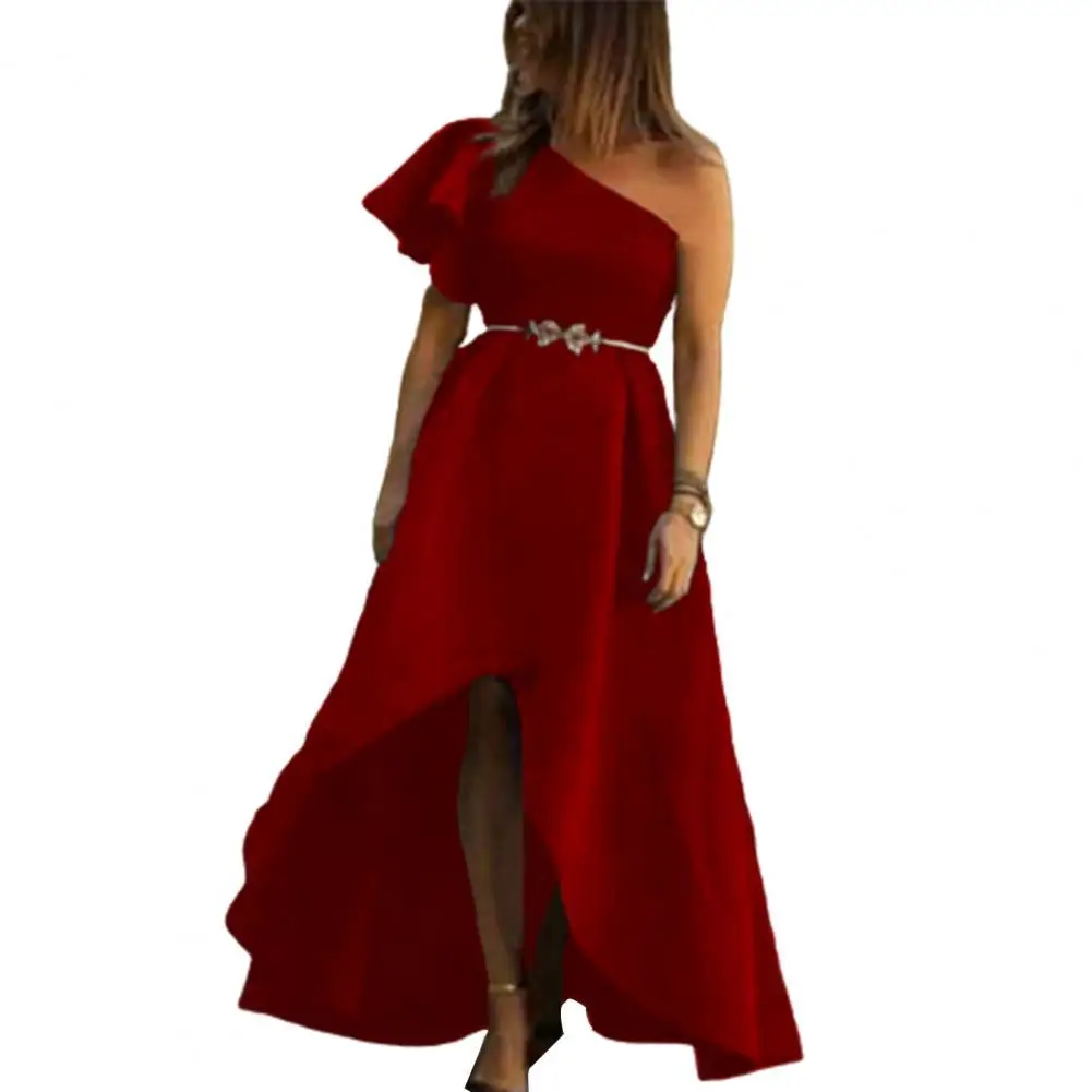 

Long Dresses for Women 2021 Elegant Off Shoulder Short Sleeve Slant Collar Large Irregular Hem Ruffle Maxi Dress Party