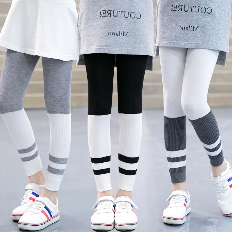 Модные осенние леггинсы для девочек полосатые с эластичным поясом малышей штаны