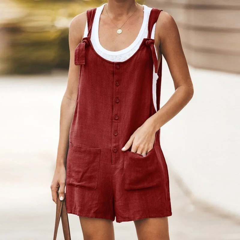 

Summer Plus Size Casual Women Rompers Sleeveless Backless Lace Up Playsuits Ladies Tank Jumpsuits Buttons Pocket Loose Overalls