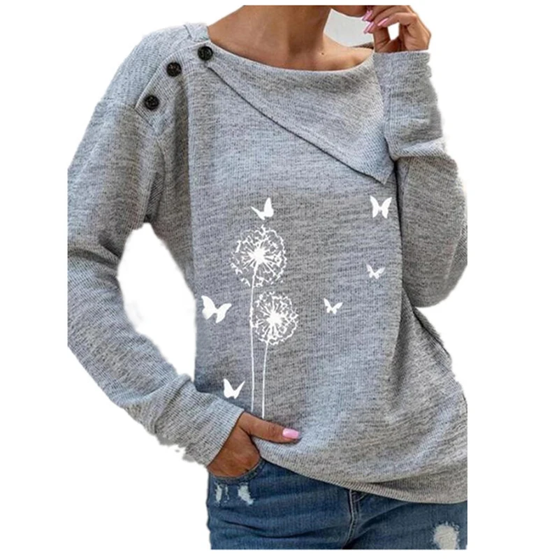 

Sexy Buttons Dandelion Print T Shirts Women Elegant Long Sleeve Pullover Tops Lady Spring Autumn Casual Loose Blusa