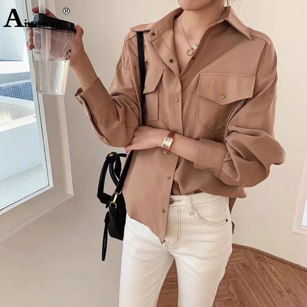 

Aimsnug Safari Style Female Blouse 2021 New Spring Autumn Long Sleeve Multi-pockets Single-breasted Top Women Casual Shirt Femme