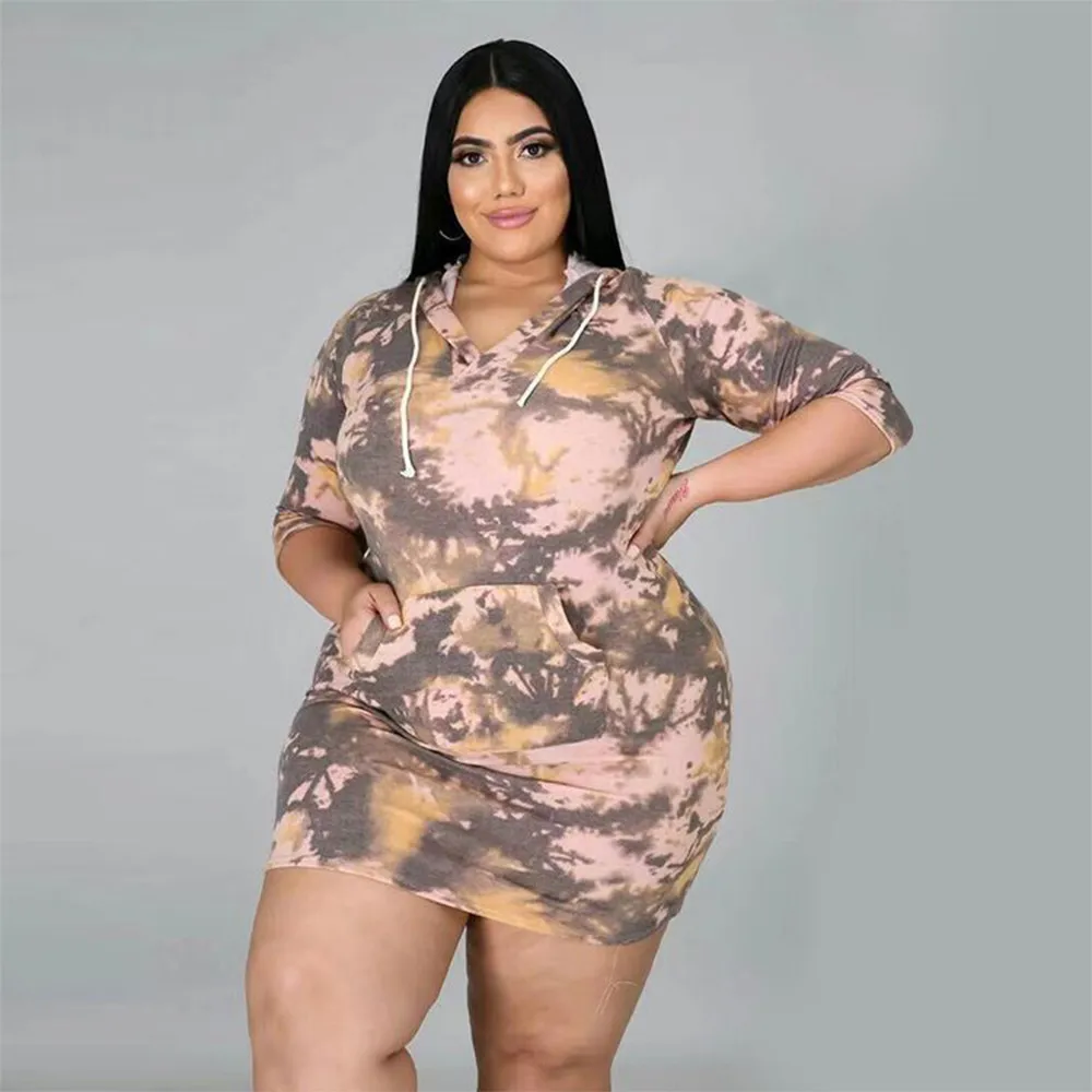

L-4XL Plus Size Tie Dye Women Short Dress Hooded Collar Half Sleeve Tight Dress 2021 Summer Clothes Casual Pocket Oversize Dress